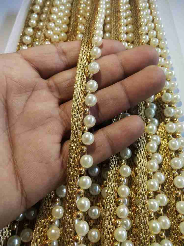 White Color Beaded Pearl Lace, Moti Lace for Dupatta, Suits etc