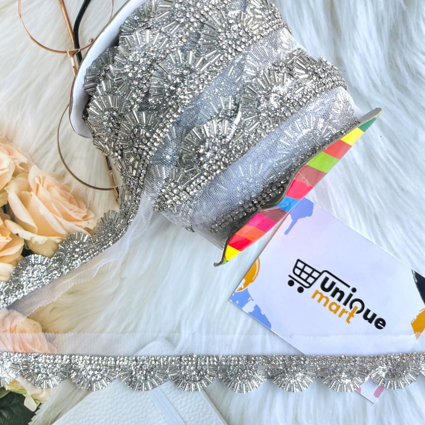 uniquemart New Design Silver Jarkan Stone Lace For Lehenga Blouse Saree Suit Dupatta Craft Decoration Silver 4.5Mtr Lace Reel Price in India Buy uniquemart New Design Silver Jarkan Stone Lace For