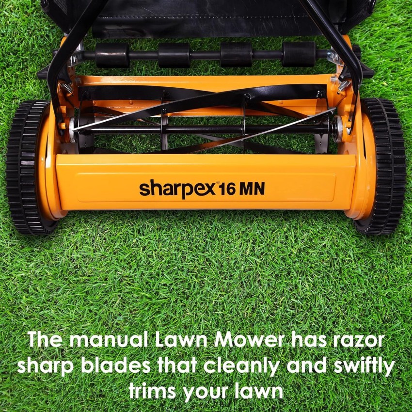 Sharpex Push Manual Lawn Mower with Grass Catcher | 16-Inch Reel Lawn Mower with 5-Position Height Adjustment | Classic Push Grass Cutter Machine