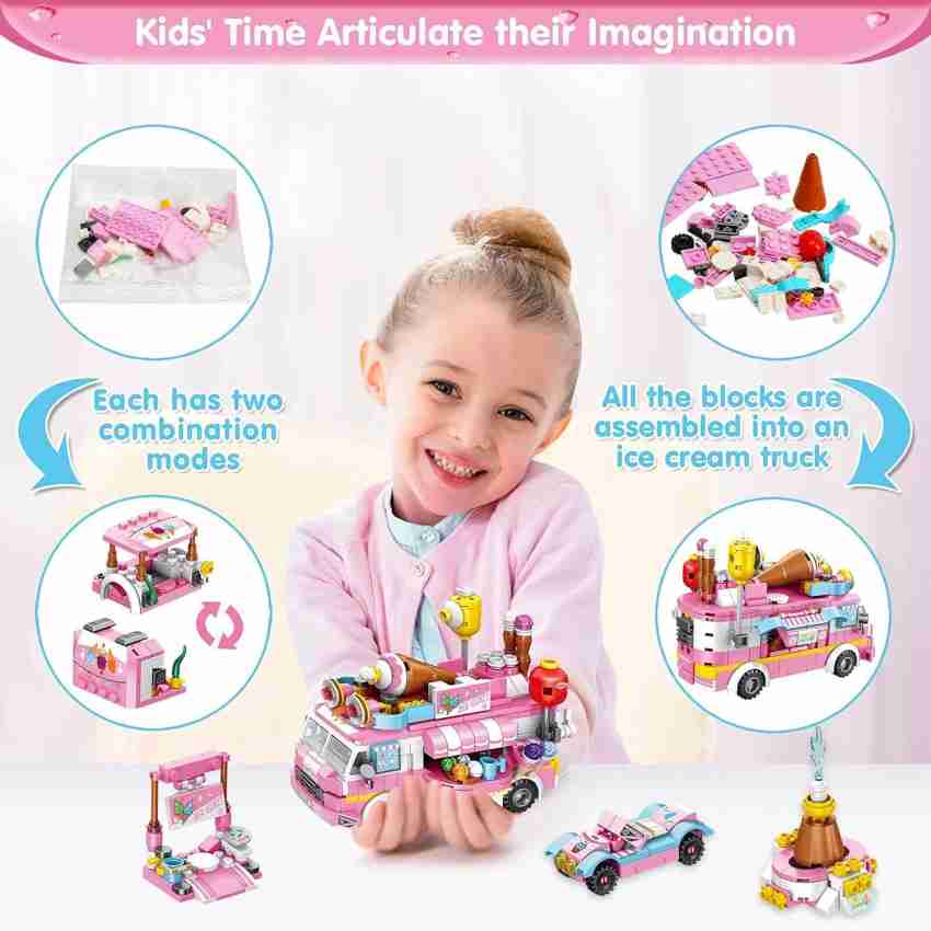 Ice Cream Truck Building Sets for Girls,12in1 Friends Ice Cream Truck Toys  for Kids,Pink Food Truck Toy Building Blocks,STEM Educational Toy for