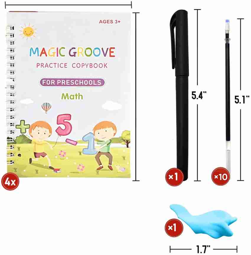 Yuneme Large Size Magic Practice Copybook, Grooved Reusable Writing Practice Book for Preschool Kids Age 3-8 ​Calligraphy 4 Books with Pens