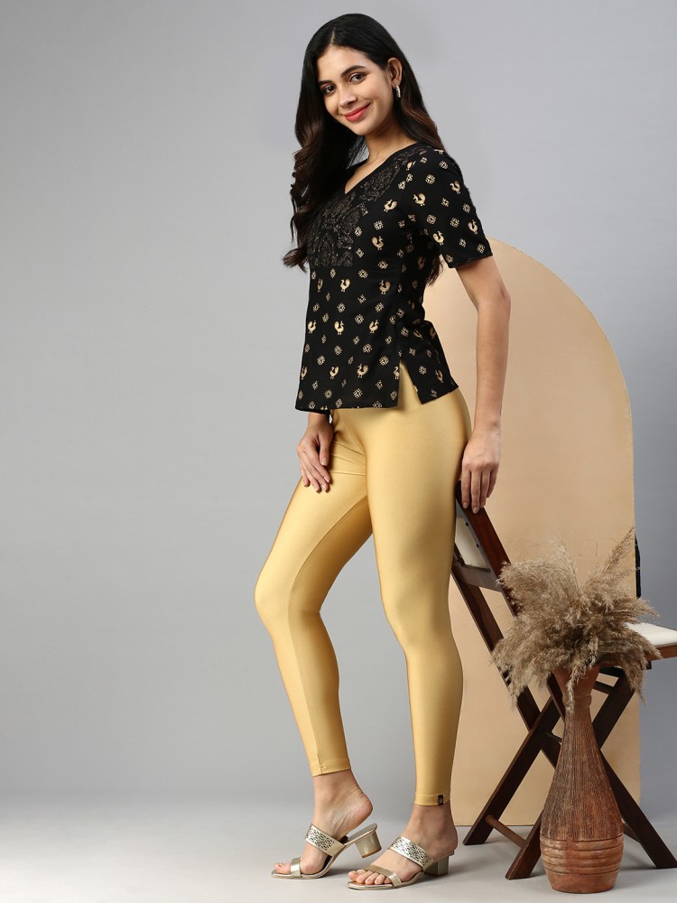 Buy De Moza Girls Polyester Solid Ankle Length Leggings Gold online