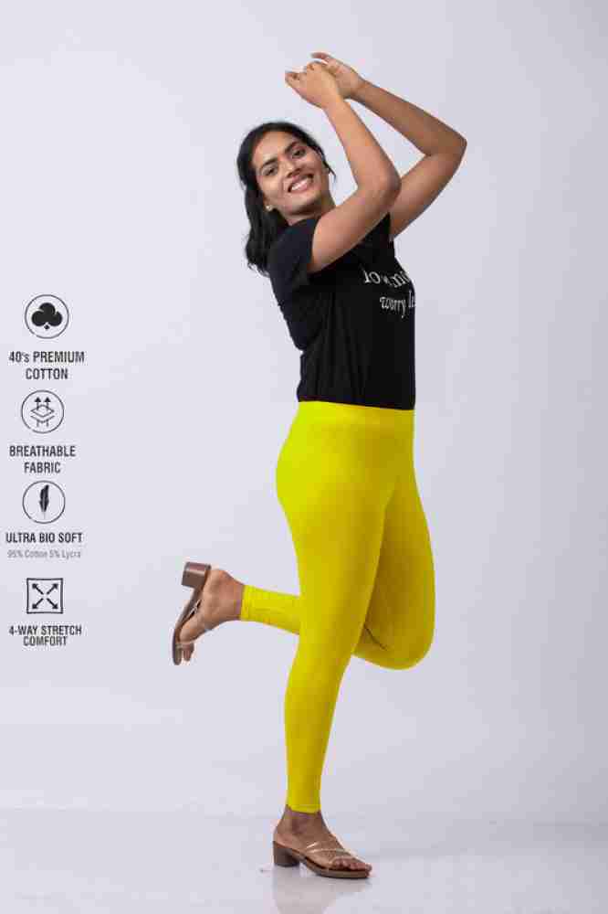 Yellow Ankle Length Premium Cotton Leggings for Women and Girls