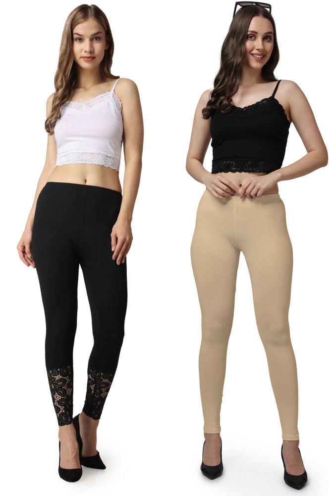 Buy AAKRUSHI Ankle Length Leggings for Women and Girls Premium Cotton Lycra  (S,Black_Mahroon) at