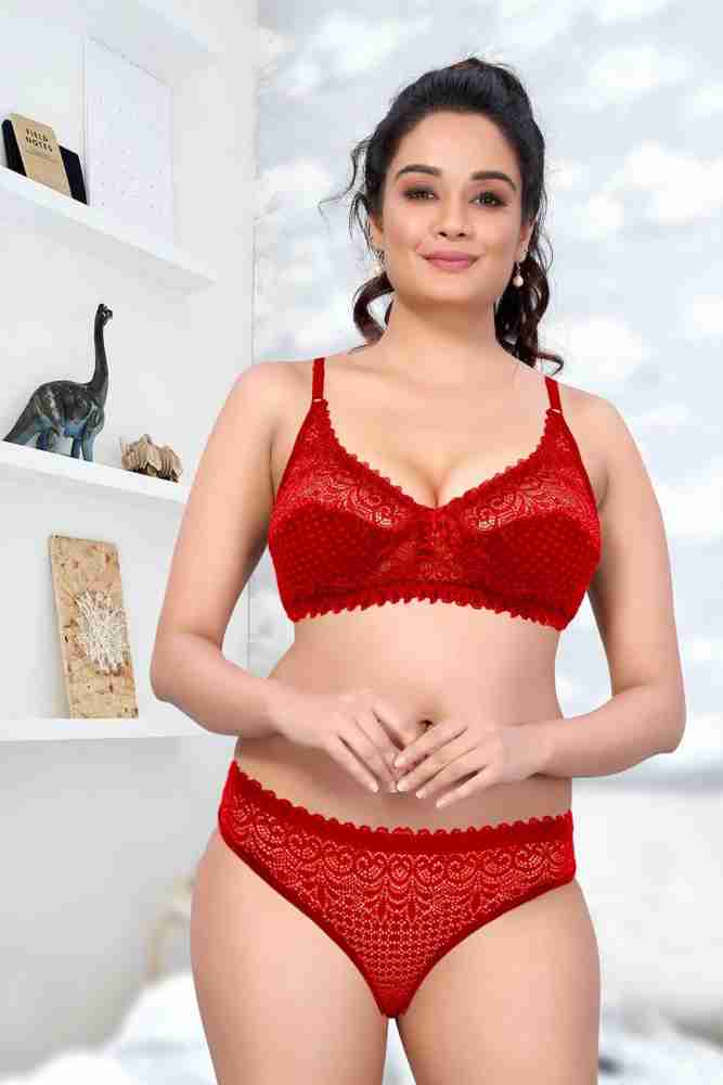 Buy online Red Solid Bras And Panty Set from lingerie for Women by