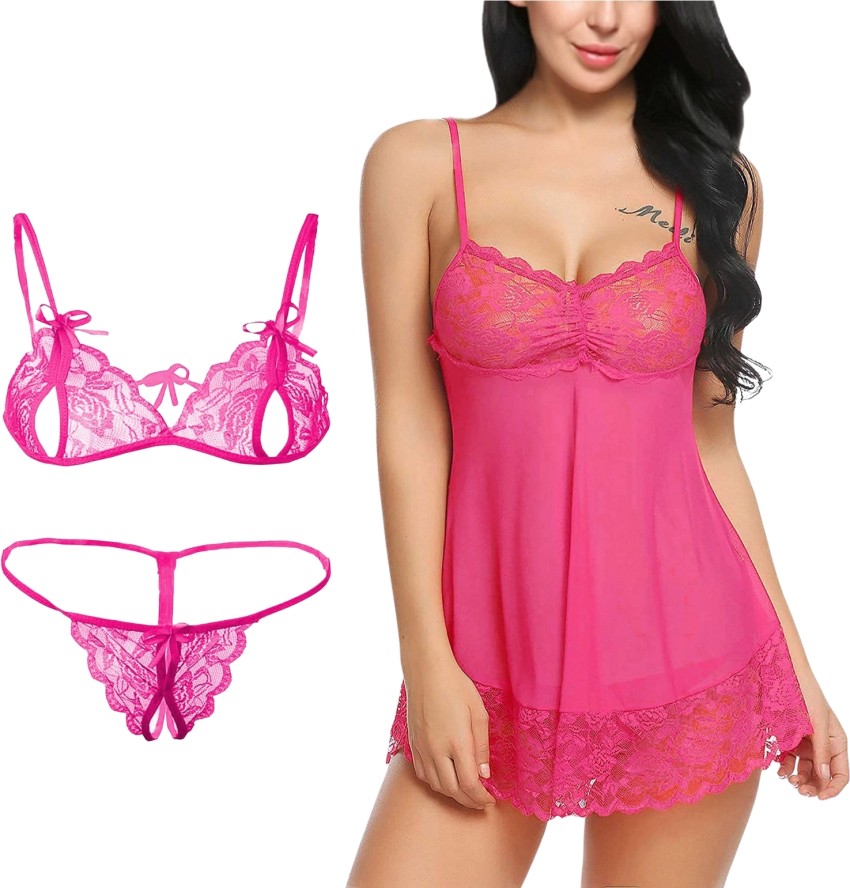 Yooo Shopi Trending New Babydoll Nighty for Honeymoon Women Nightwear Robe  and lace Bra Panty Set Lingerie for Combo Set Night Dress Panty Sexy