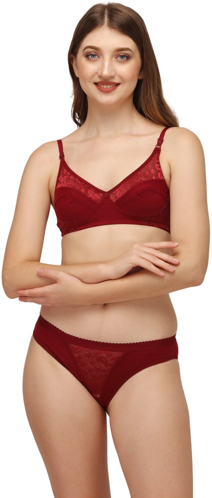 Buy DHANDAI FASHION Women Red Solid Cotton Blend Bra and Panty Set