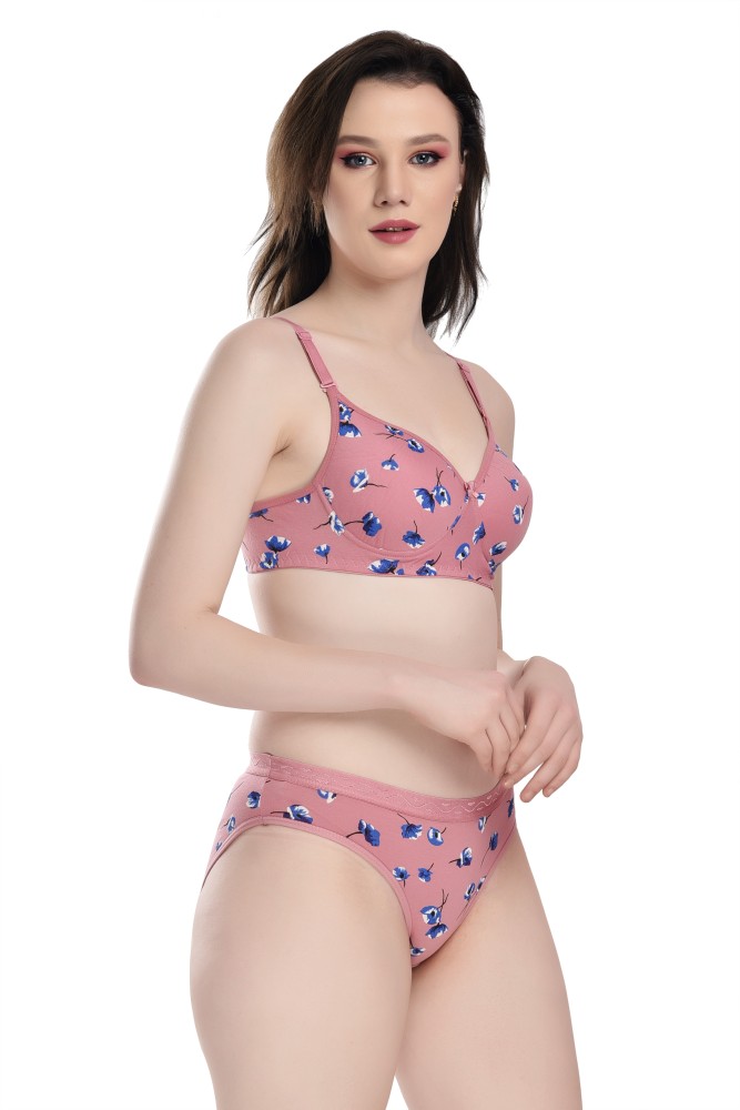 Lycra Cotton Printed Blue Flower Print Bra Set, Size: 30B-38B at