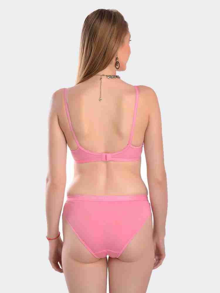 Buy Fleurt Polyester Royal Pink Self Design Bra & Panty Set for