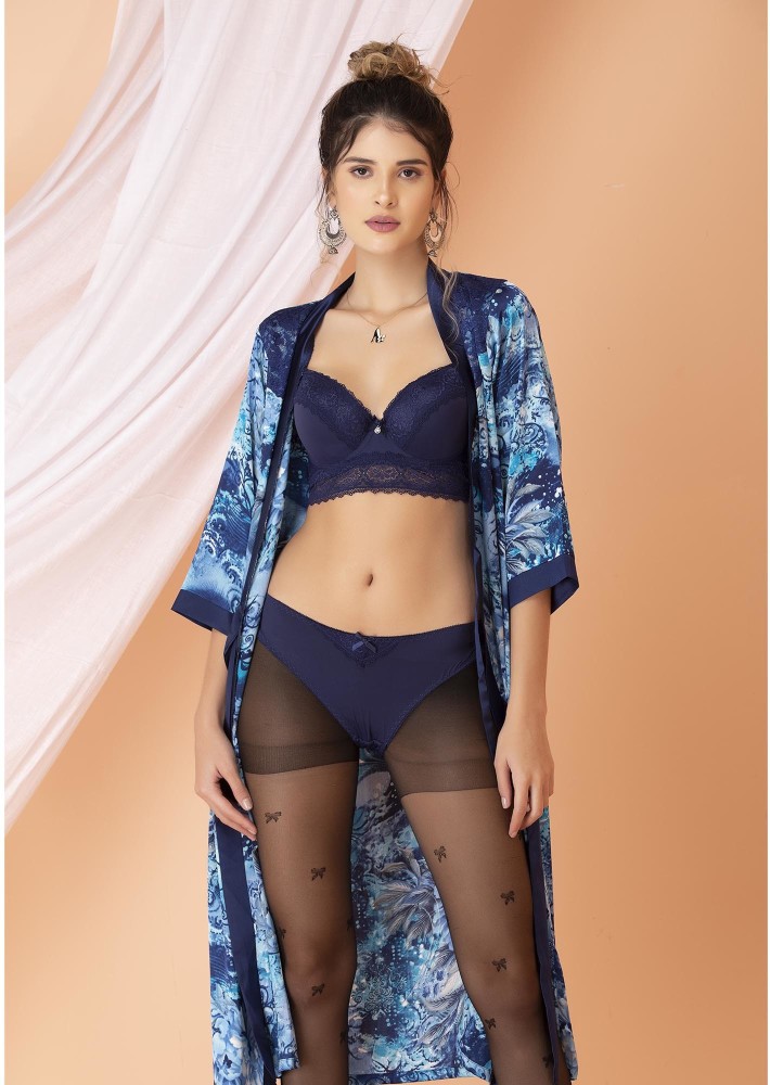DHANDAI FASHION Women Blue Self Design Lace Bra and Panty Set