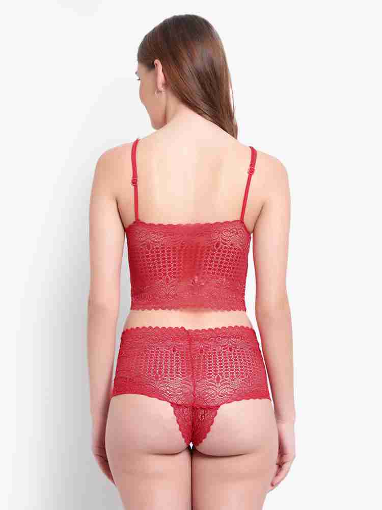 Bra Panty Set Self Design Red Lingerie Set