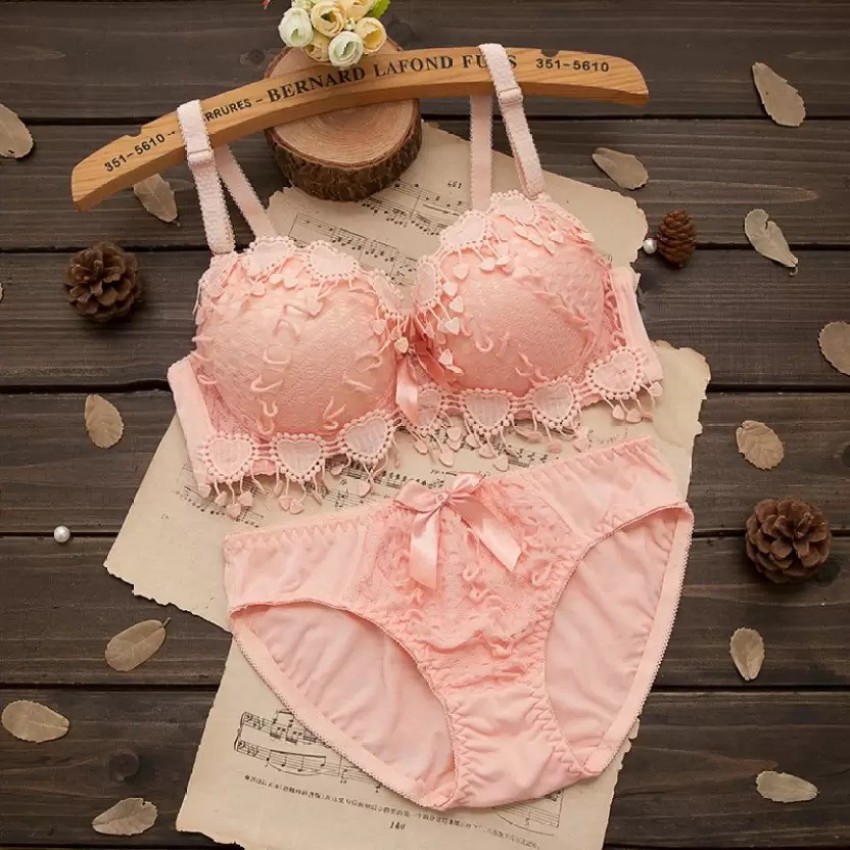 Buy Prettycat Pink Lace Bra And Panty Set Self Design Lingerie Set