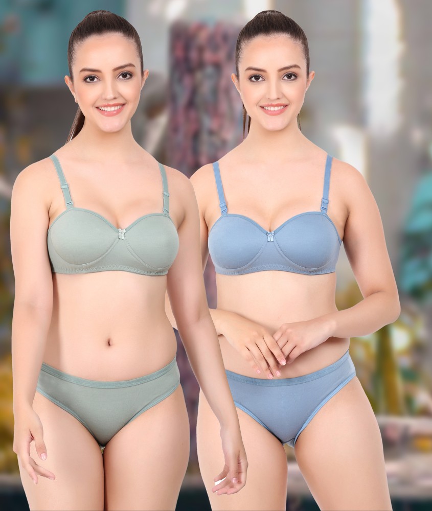 Buy online Blue Self Design Bras And Panty Set from lingerie for