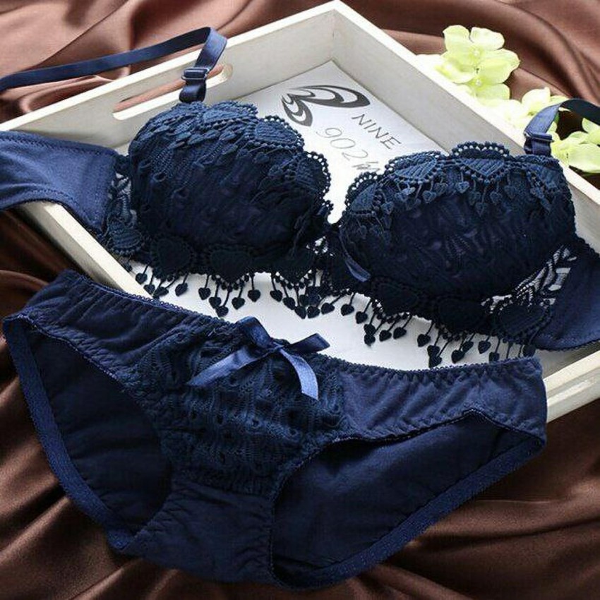 likes of india Bra & Panty Set Solid Dark Blue Lingerie Set