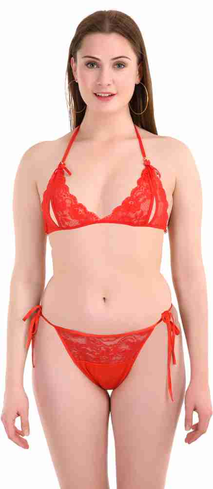 Bra Panty Set Self Design Red Lingerie Set
