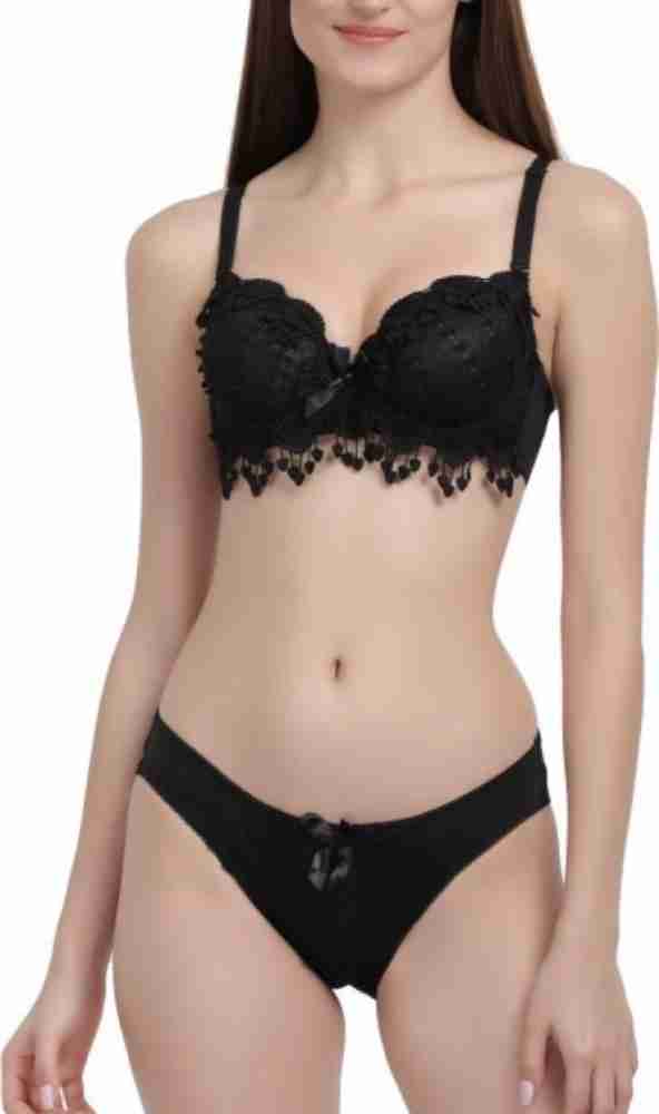 SELETA -Women's Bikini Set| Bra & Panty Set- Non Paded|Cotton Blend  Lingerie Sets for Women-(BLK-01)