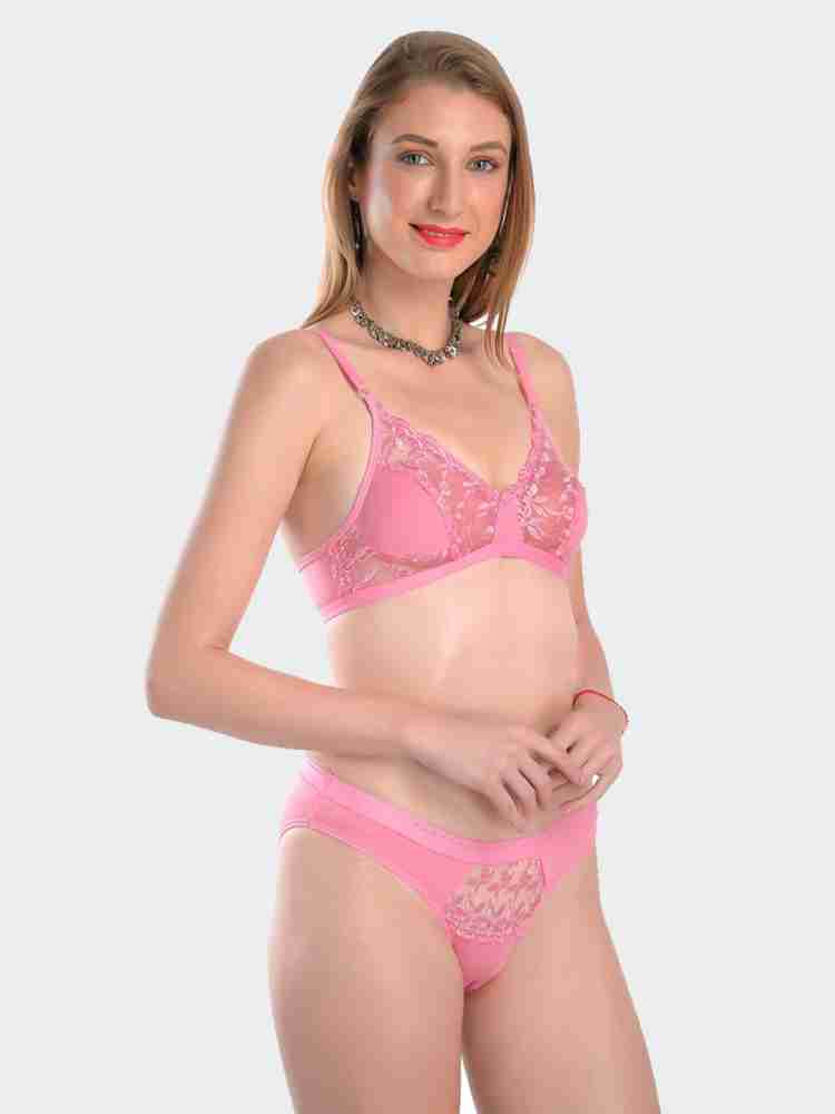 Fleurt Polyester Royal Pink Self Design Bra & Panty Set for  Women-Fleurt-Set-170-NEW-RPK