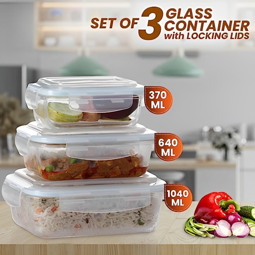 Borosil Klip N Store Glass Storage Containers for Kitchen with Air-Tight  Lids, Microwave & Oven Safe, Rectangular, Set of 2 (370 ml, 370 ml), Clear