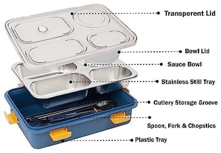 3 Grids Lunch Box with Fork Spoon Sauce Box Cutlery Holder