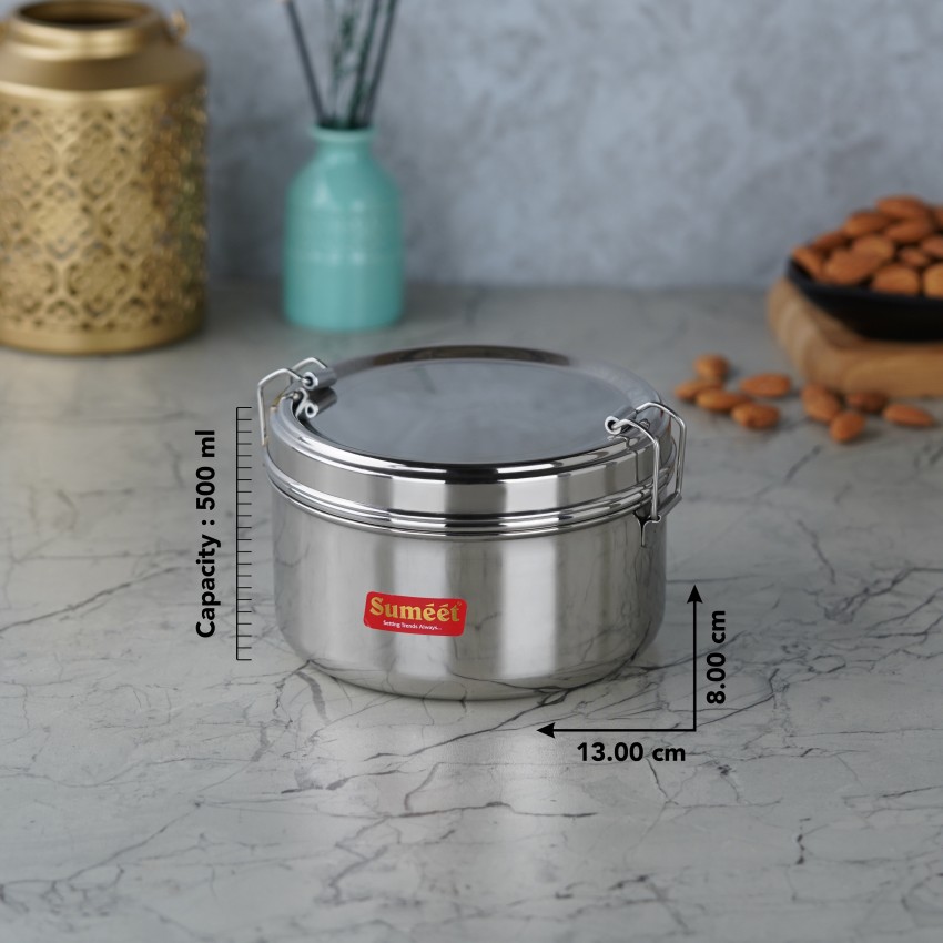 Hazel Steel Tiffin Box For Office | Stainless Steel Lunch Box, 500 Ml With  Inner Plate | Traditional Design Glossy Finish Steel Lunch Box In Silver