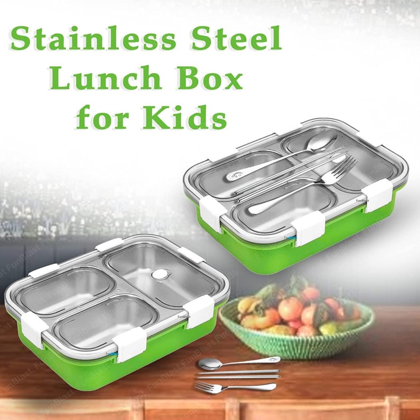 A Three-tiered Compartment Lunch Box With Fork, Spoon, Chopsticks