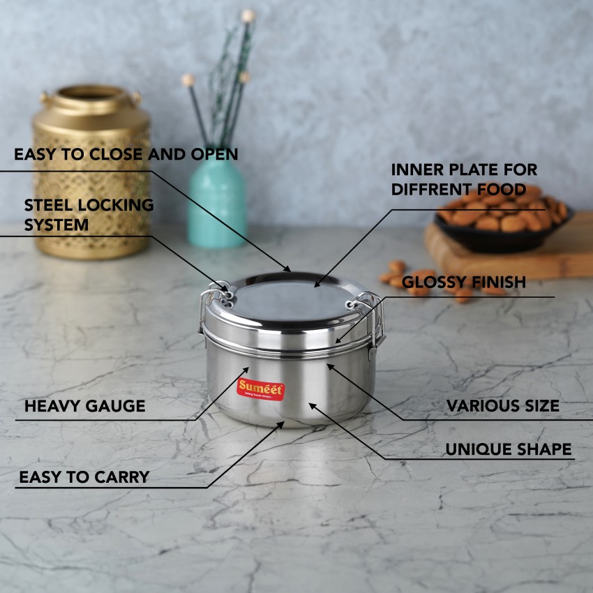 Hazel Steel Tiffin Box For Office | Stainless Steel Lunch Box, 500 Ml With  Inner Plate | Traditional Design Glossy Finish Steel Lunch Box In Silver