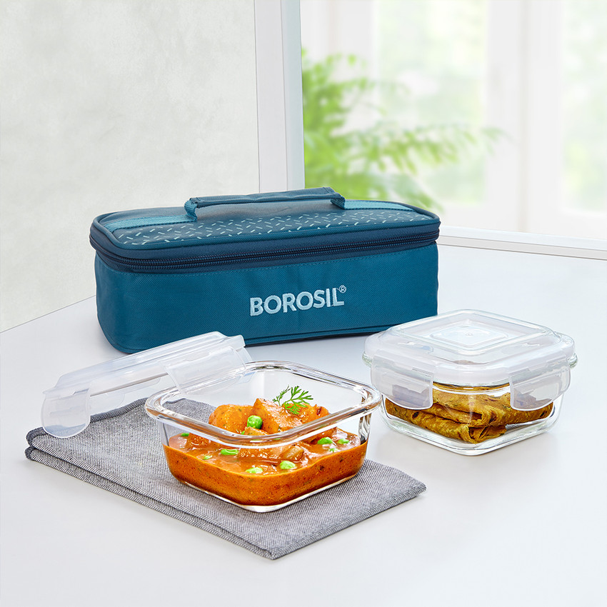 Flipkart BOROSIL Teal Lunch Box with Bag 2pc 320 ml x 2 Square Horizontal Glass Office Tiifin 2 Containers Lunch Box