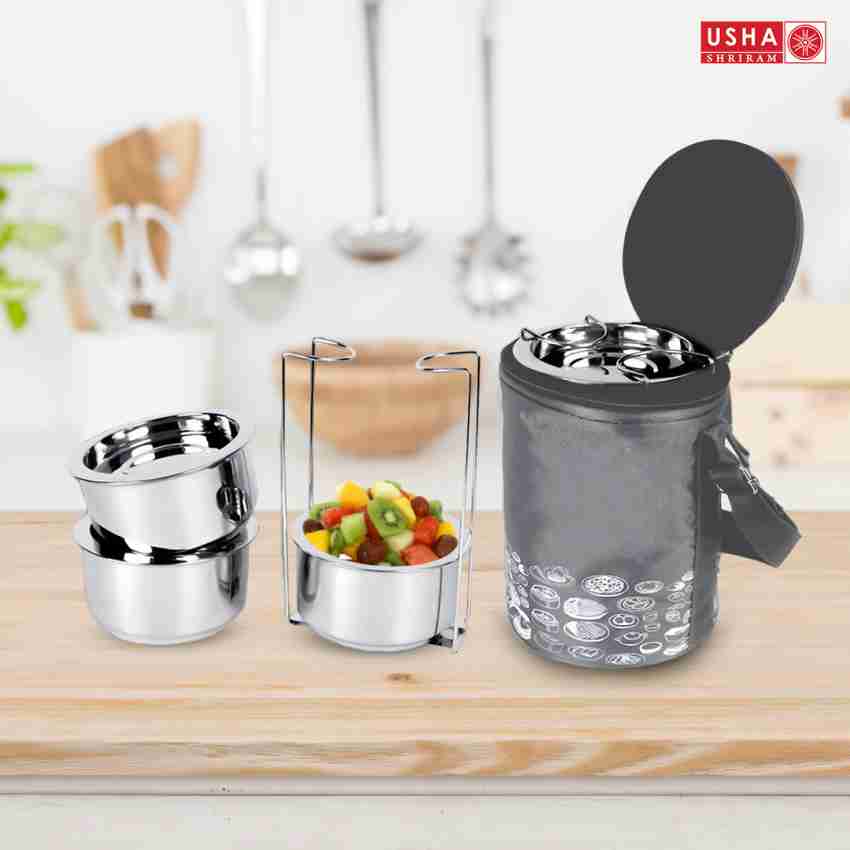 USHA SHRIRAM Insulated Stainless Steel Lunch Box with Bag |3pc