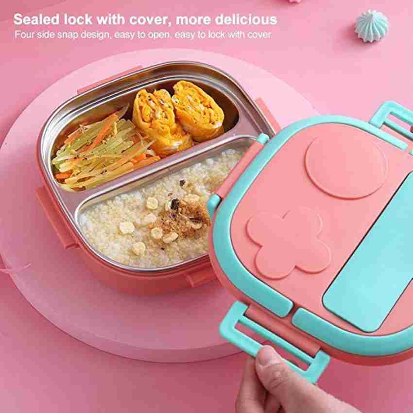 stupefying 3 Grid Creative 304 Stainless Steel Children's  Meal Box Lunch Box (PINK) 550ml 3 Containers Lunch Box 