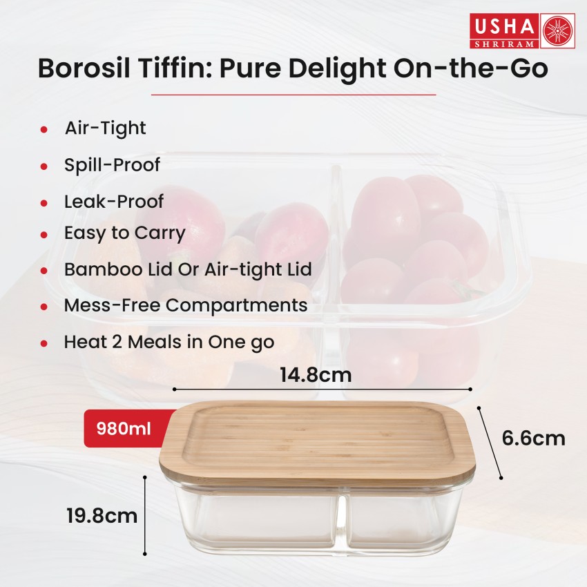 Glass food storage box 980 ml, with 2 separate compartments