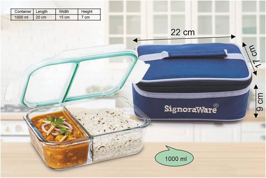 Signoraware Slim High Borosilicate Bakeware Safe Glass Big Lunch Box, 1000  ML, Clear