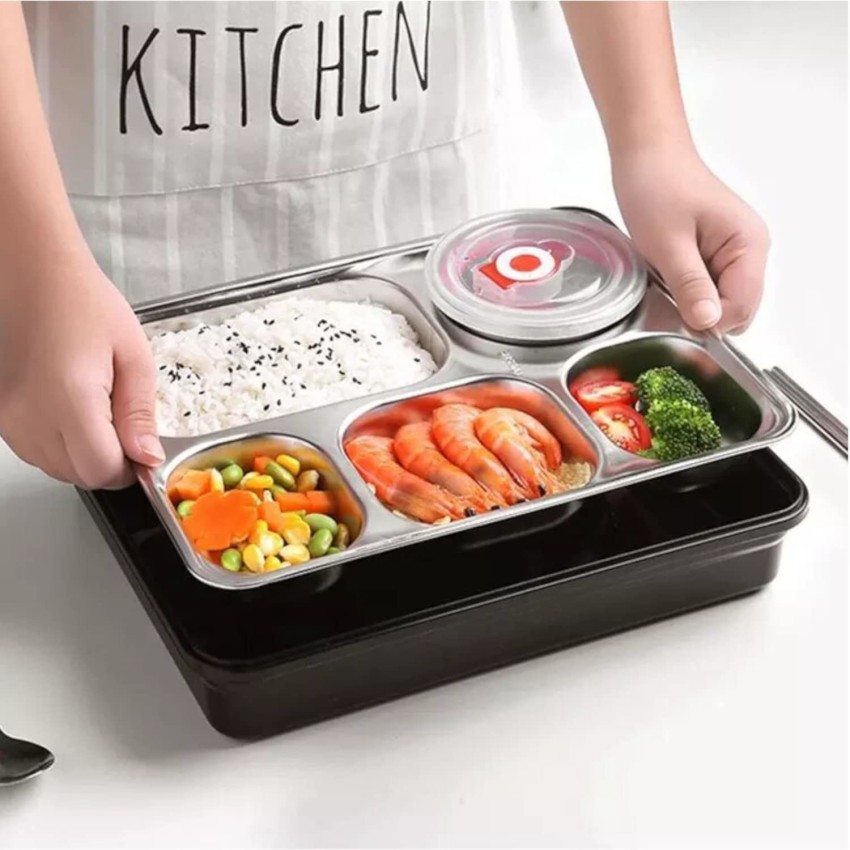 Kn2 MART Stainless Steel 4 Compartment Lunch Box Microwave  Safe Tiffin Box for Adult Kids 4 Containers Lunch Box 