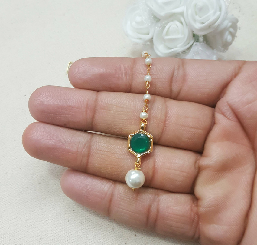 Jaipri Round Shape Stone Maang Tikka For Girls and Kids Green