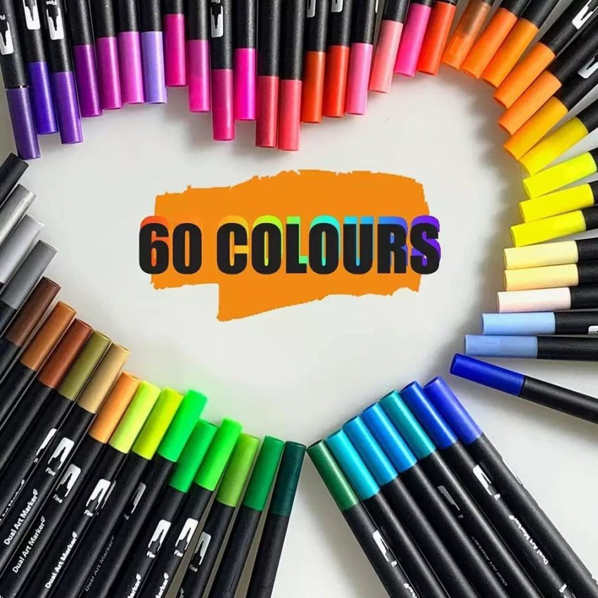 Corslet 60 Colors Art Markers Set, Dual Tips Coloring Brush  Fineliner Color Marker Pens - Colouring Pens, 60 Dual Brush Markers with  Fineliner & Brush Tip Pens,Felt Tip Pens for