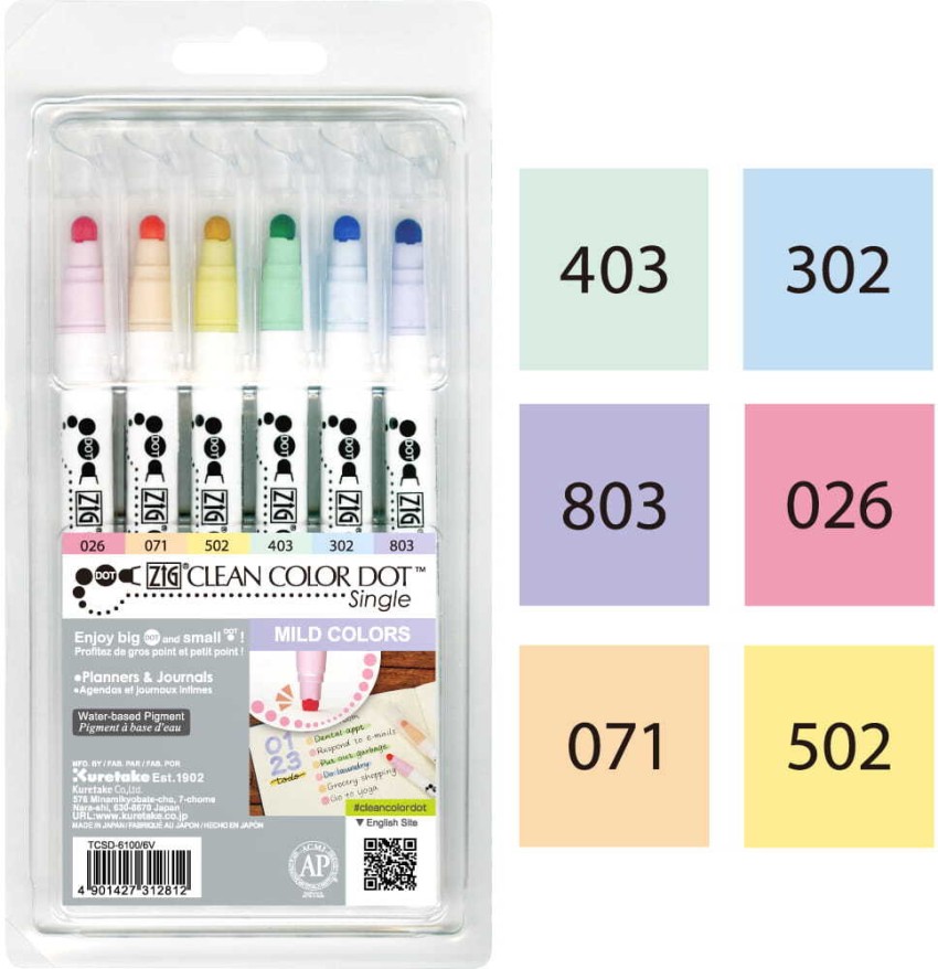 Zig Clean Color Dot Single Tip Marker - Mild Colors Set of 6