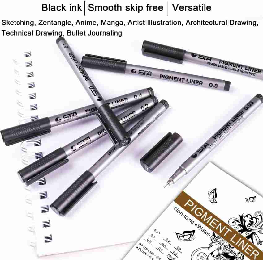 Set of 10 Black Micro-Pen Fineliner Ink Pens, Anti-Bleed & Waterproof  Archival ink