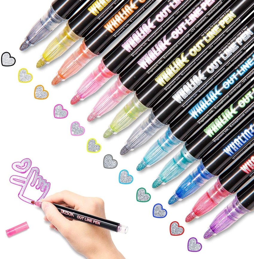 12pcs/set Outline Metallic Markers, Double Line Magic Shimmer