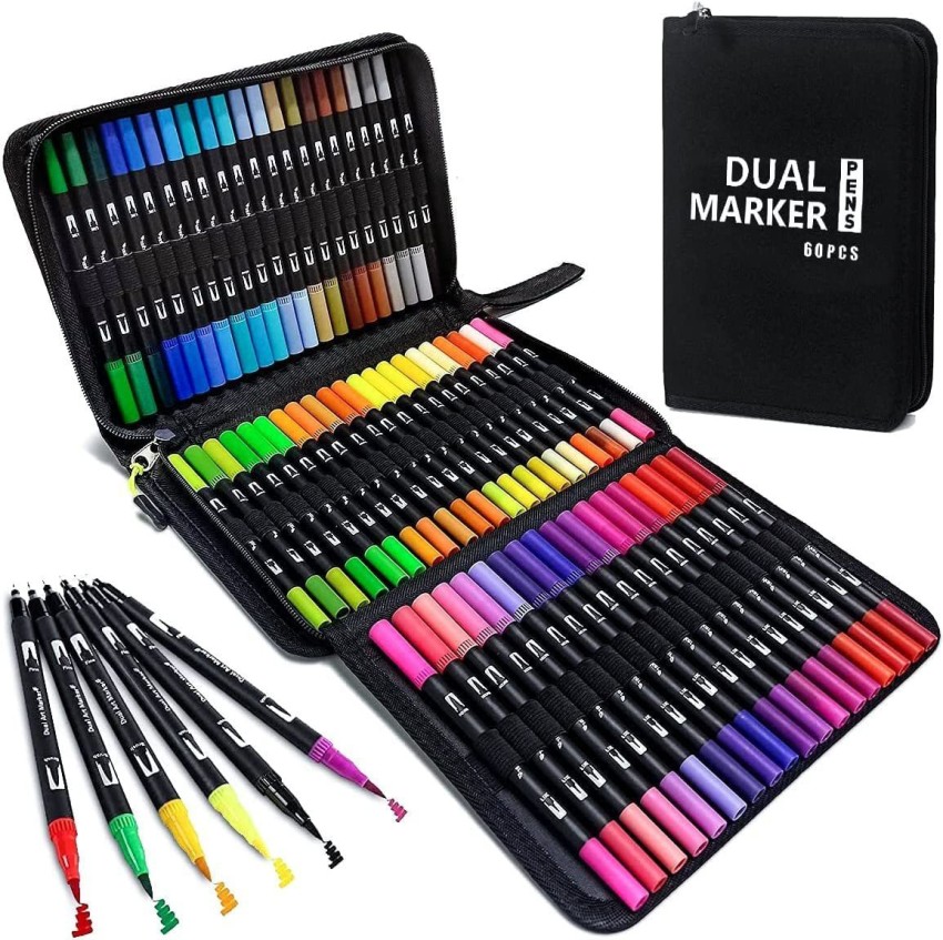 60 Markers Artist Set Set of 60 Marker Pens, Twin Dual Tips Sketch, Manga  Anime, Drawing, Adult Book Coloring, Bible Journaling Free Case 