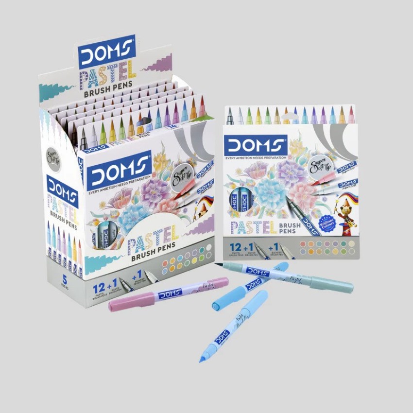 Doms Super Soft Tip Pastel Shades Brush Pen Set | 12 Pastel Shades + 1  Silver Shade + 1 Blender | Ideal for Doodling, Illustrations, Calligraphy