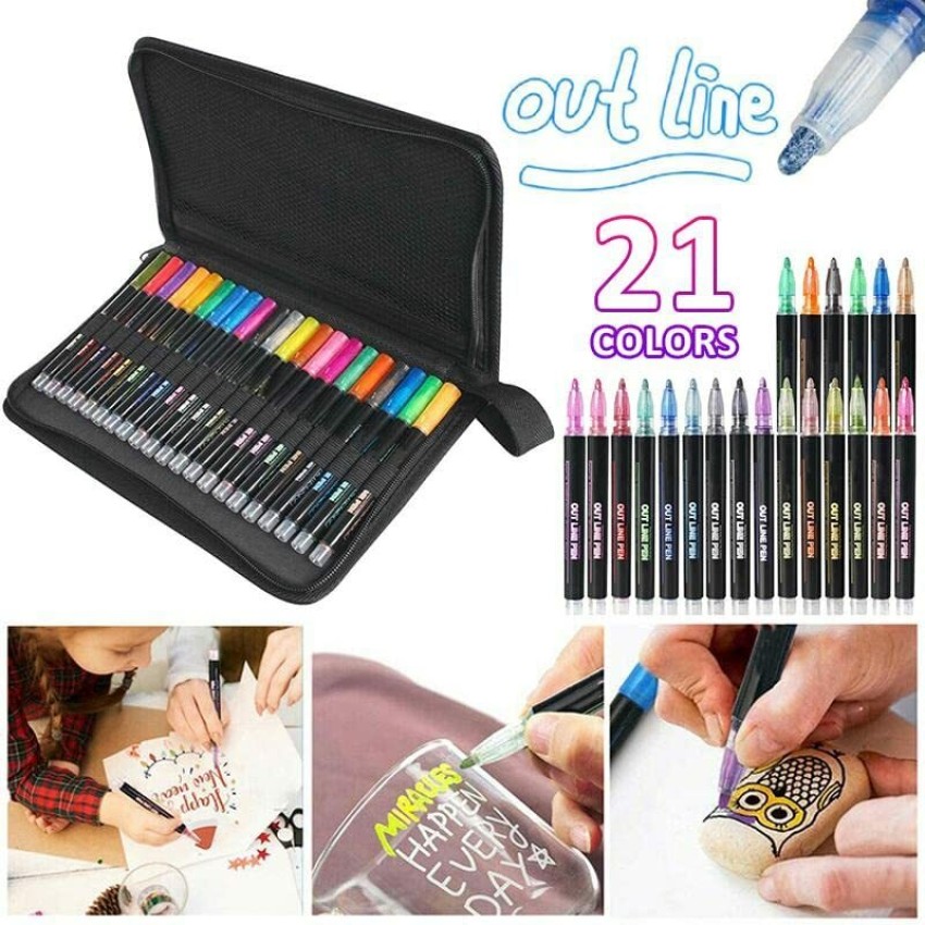 21pcs Colored Outline Markers Set, Metallic Pens, Dual Line Magic