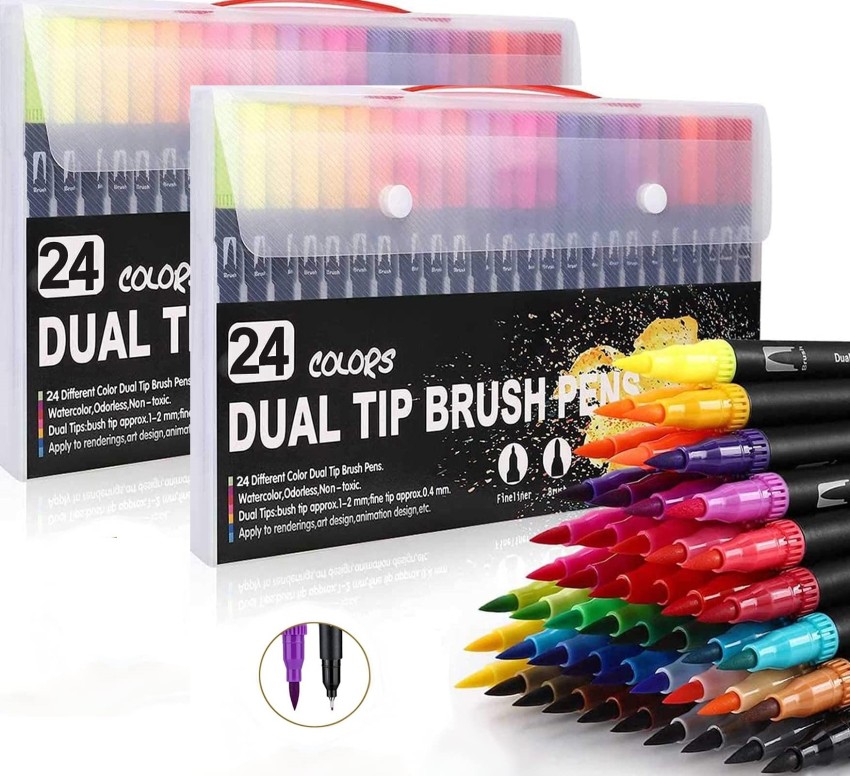 12 Colors Dual Tip Brush Pens Art Markers Set Flexible Brush & 0.4