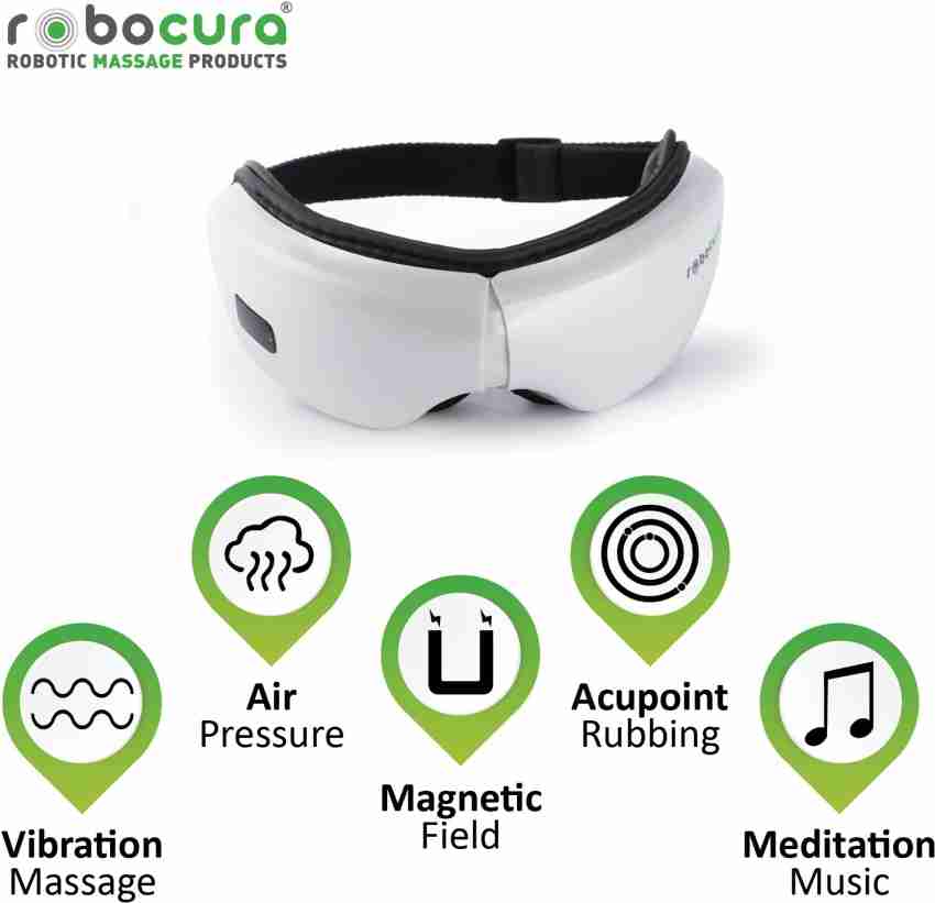 Robocura White Eye Massager Wireless Heat Vibration Stress Relief Bluetooth Music Massager