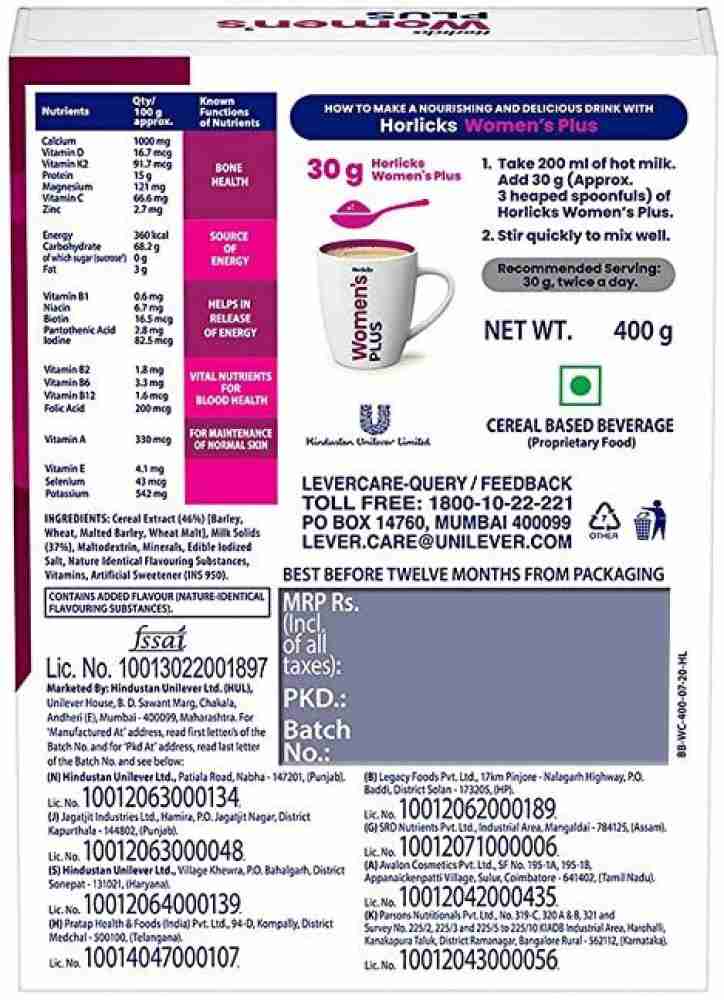 Horlicks Women's Plus Caramel Refill 400g  Health Drink for Women, No  Added Sugar & Horlicks Classic Malt Standard 400/450gm Pouch (weight may  vary) COMBO : : Health & Personal Care