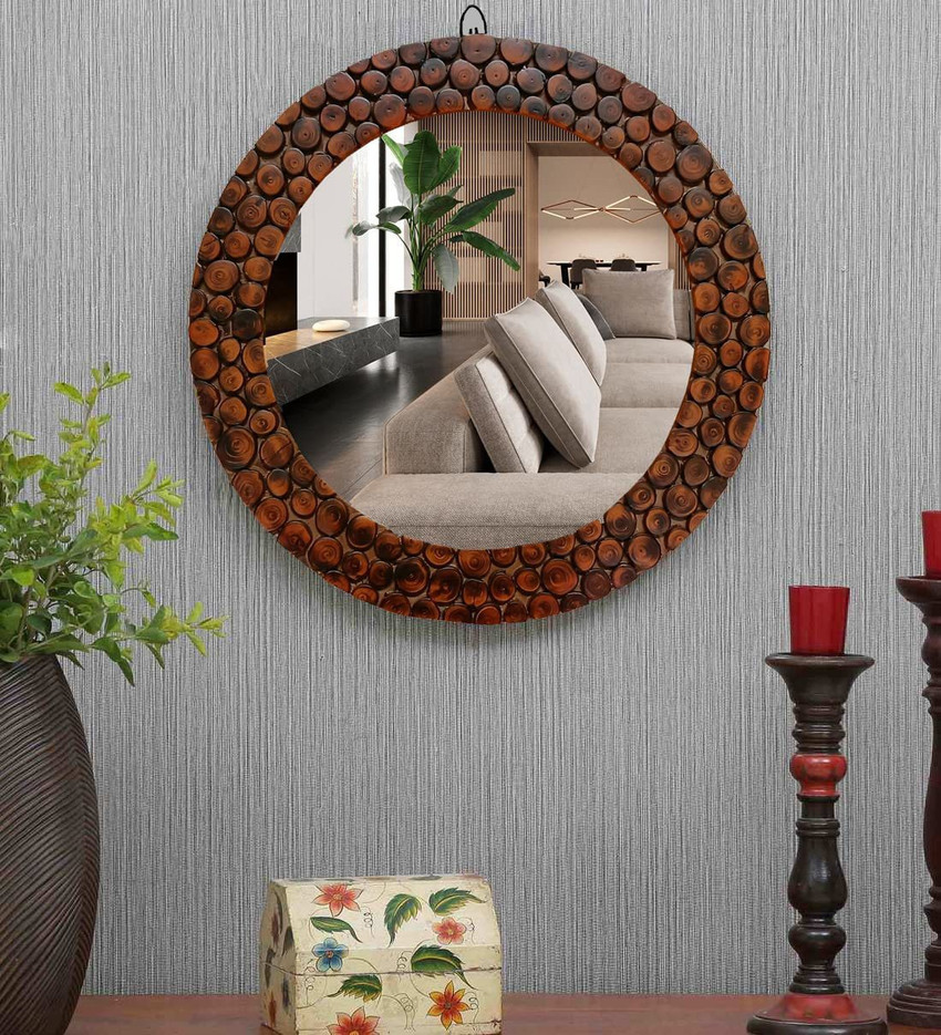 Round mirror shop wooden frame