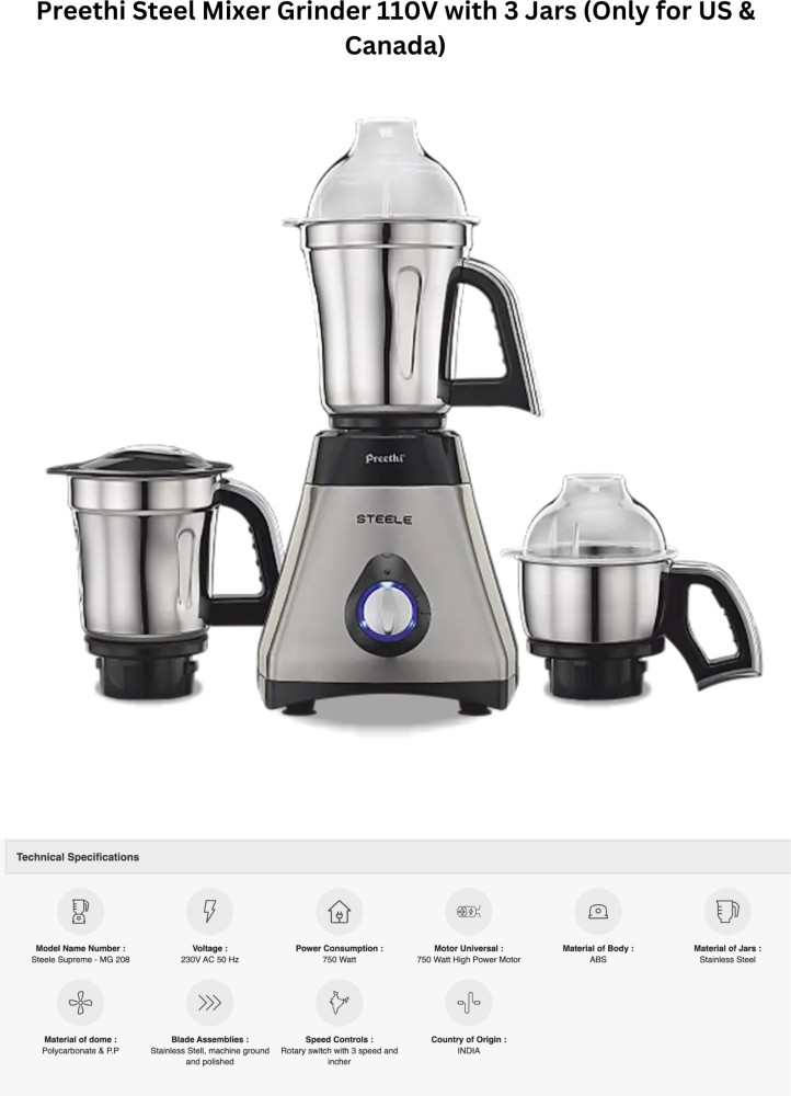 Preethi Steele 3-Jar Mixer Grinder 550 Watt Motor 110-Volts