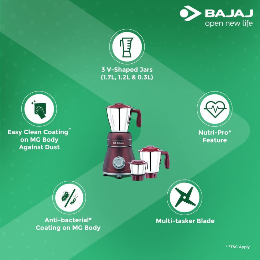 Bajaj GX-3701 750W Mixer Grinder with Nutri-Pro Feature, 3 Jars, Black