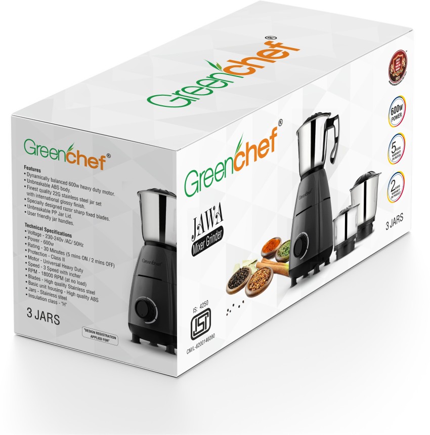 Greenchef JawaBlack 600 Mixer Grinder (3 Jars, Black) Price in India - Buy  Greenchef JawaBlack 600 Mixer Grinder (3 Jars, Black) Online at