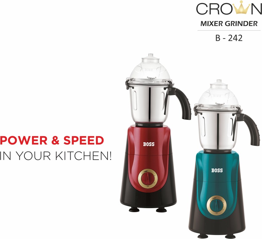 BOSS Crown Mixer Grinder, Jar Capacity: Wet Jar-1400 Dry Jar-1150 Chutney  Jar-450 ML, White & Grey