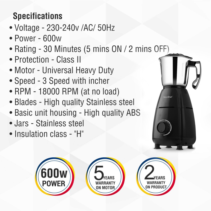 Greenchef JawaBlack 600 Mixer Grinder (3 Jars, Black) Price in India - Buy  Greenchef JawaBlack 600 Mixer Grinder (3 Jars, Black) Online at