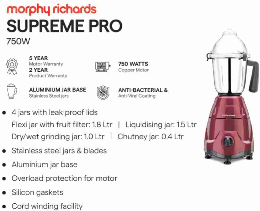 Morphy Richards Supreme Pro 750 W 750 Mixer Grinder (4 Jars, Maroon, Blue)  Price in India - Buy Morphy Richards Supreme Pro 750 W 750 Mixer Grinder (4  Jars, Maroon, Blue) Online at